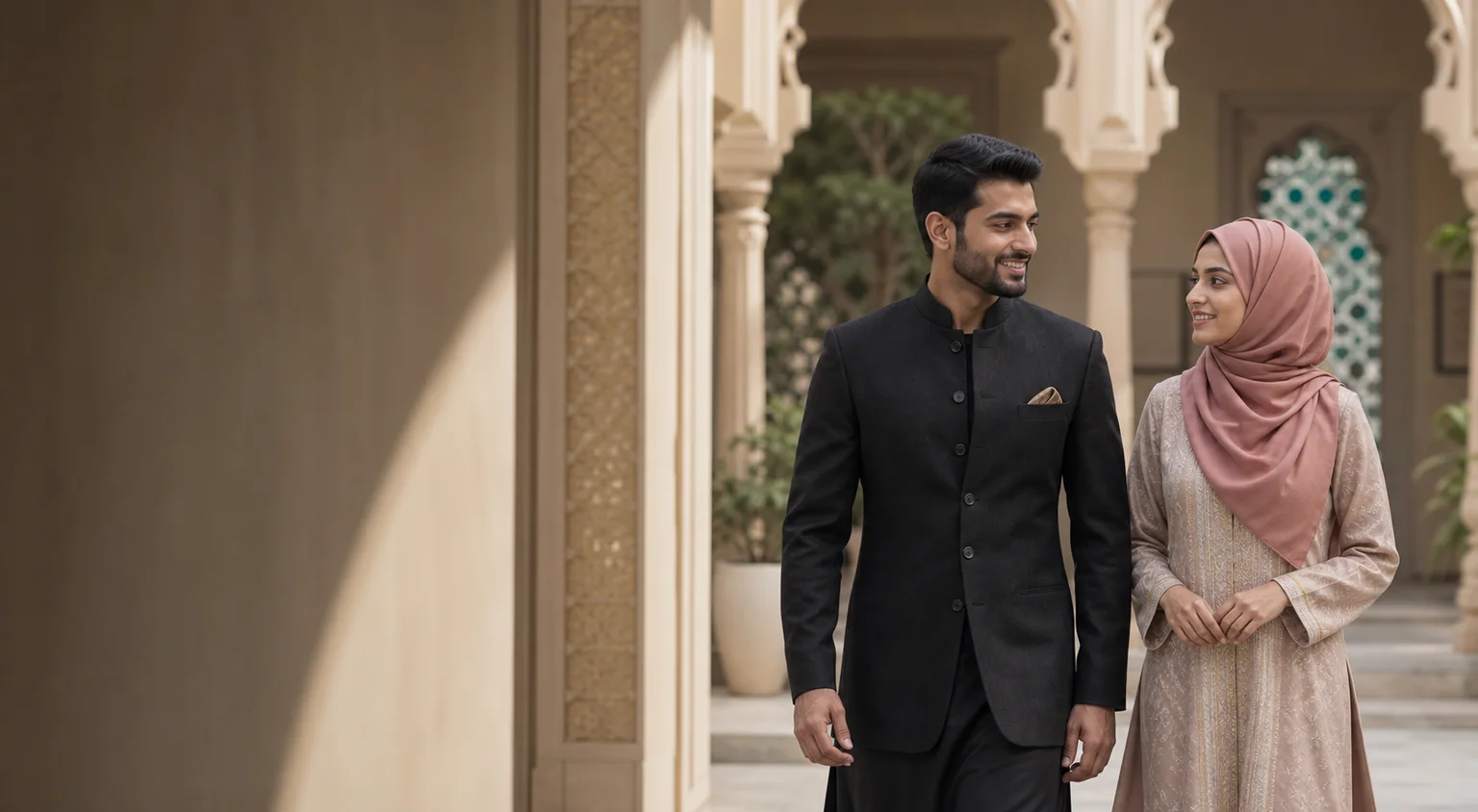 Two fictional adult Indian Muslim models in a refined courtyard