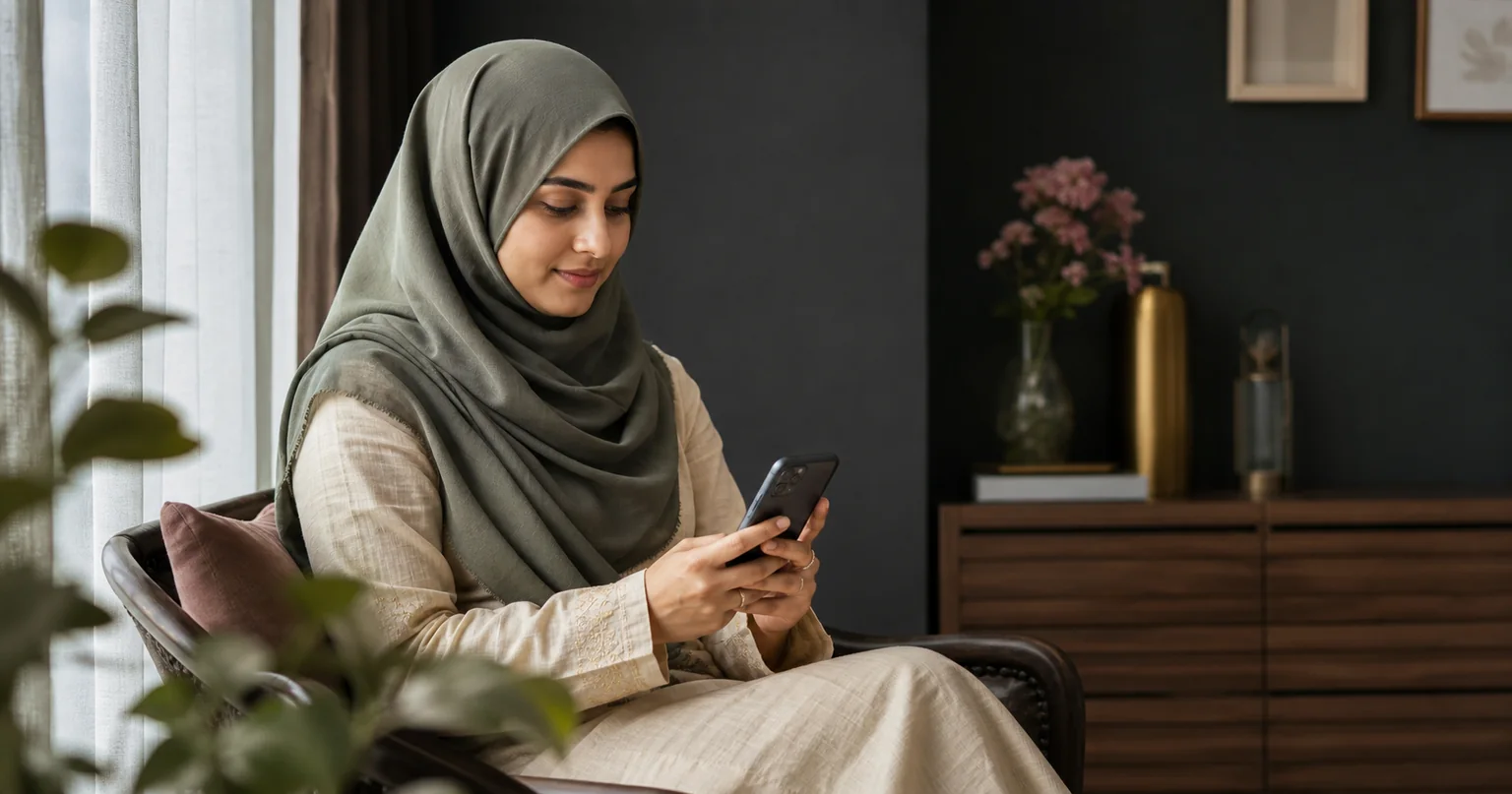 Fictional adult Indian Muslim woman using a phone privately at home